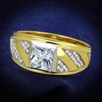 Stylish men's gold and rhodium sterling silver ring with a large center stone and diamond accents