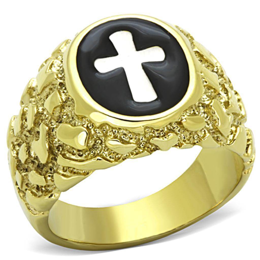 Men's gold cross jewelry ring featuring a black stone with a white cross design
