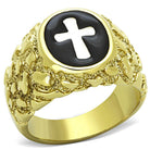 Men's gold cross jewelry ring featuring a black stone with a white cross design