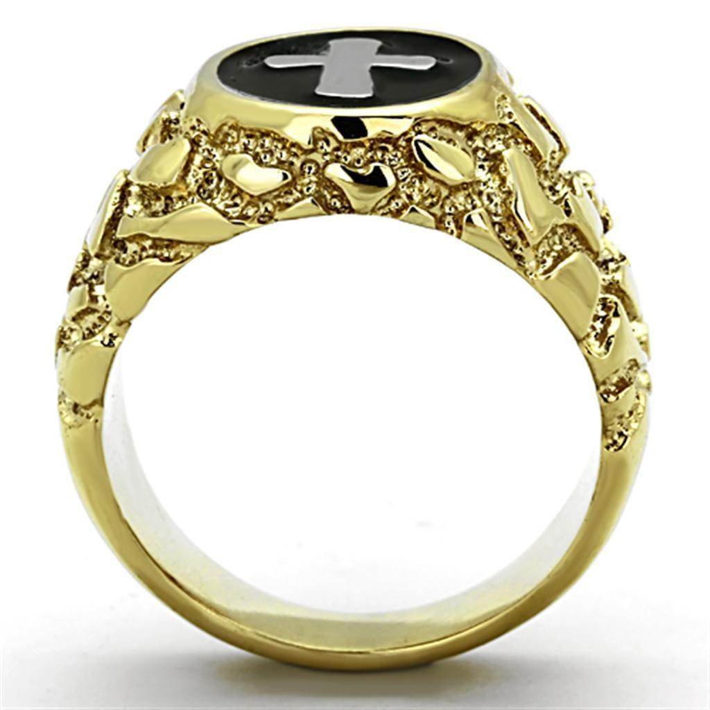 Men's Gold Cross Jewelry Ring with a Unique Design and Black Cross Detail