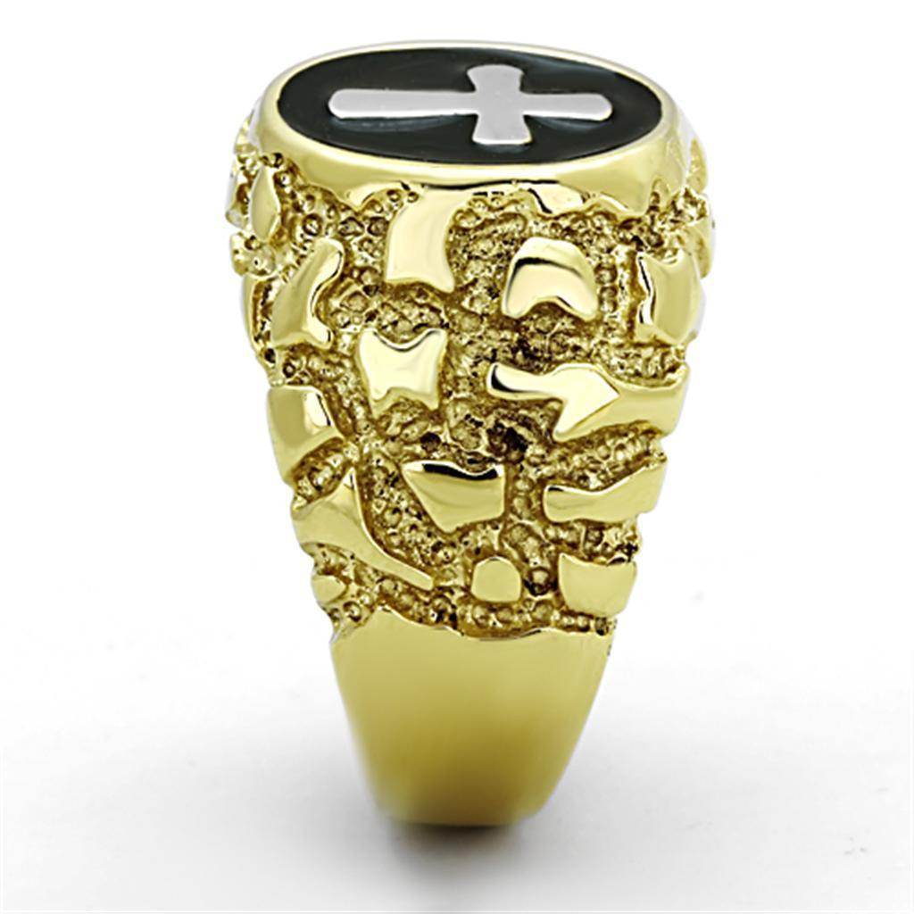 Men's Gold Cross Jewelry Statement Ring with Intricate Design and Black Cross Detail