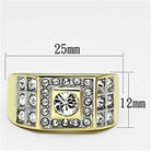 Mens gold rhinestone ring featuring a square center stone and detailed rhinestone accents