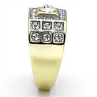 Men's gold rhinestone ring featuring a large center stone and multiple sparkling accents