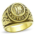 Men's gold stainless steel ring featuring a veteran emblem and detailed engravings