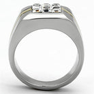 Men's gold stripe silver ring featuring a sleek design with three sparkling stones on top