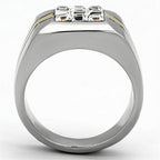 Men's gold stripe silver ring featuring a sleek design with three sparkling stones on top
