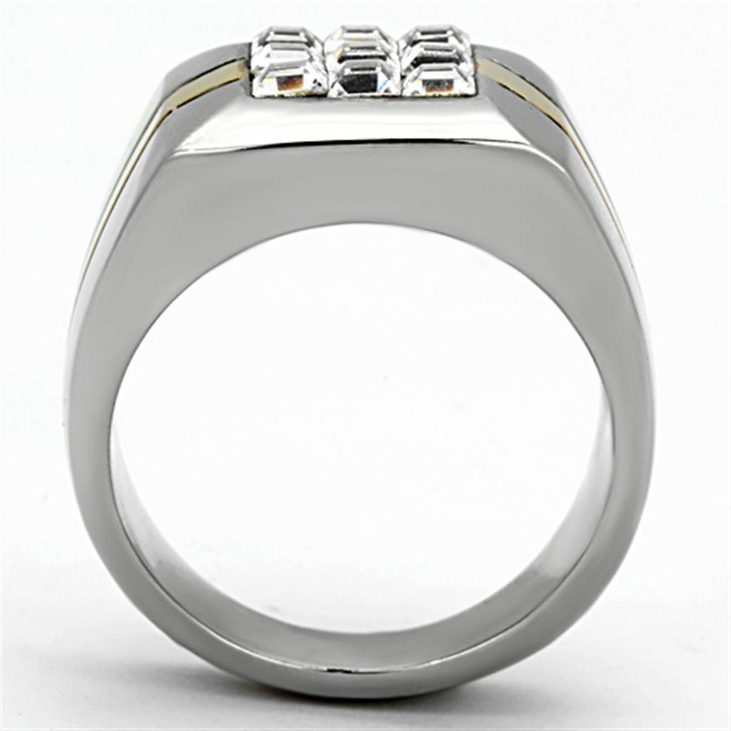 Men's gold stripe silver ring featuring a sleek design with three sparkling stones on top