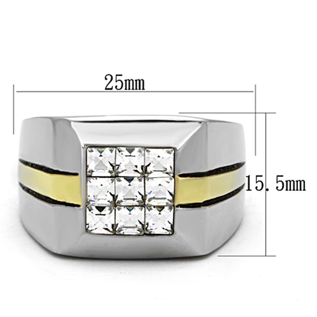 Stylish mens gold stripe silver ring with a square crystal design and precise dimensions