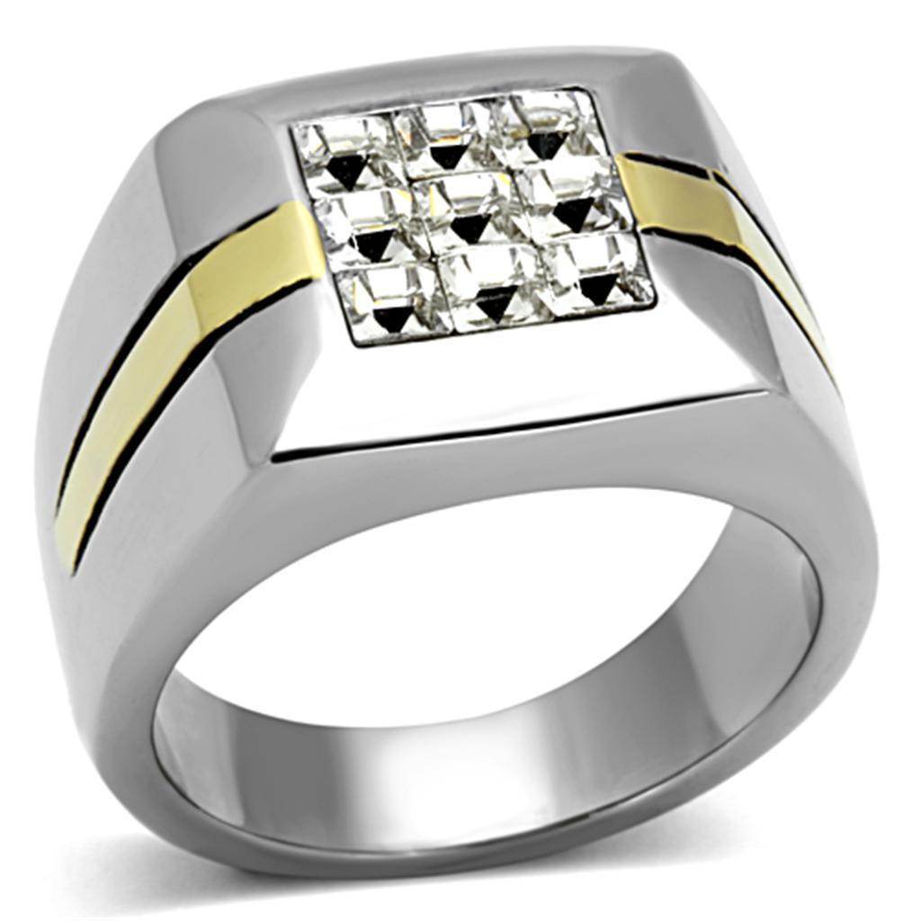 Men's gold stripe silver ring featuring a square design with sparkling stones