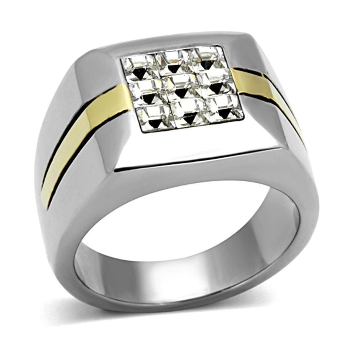 Men's gold stripe silver ring featuring a geometric design with sparkling gems