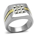 Men's gold stripe silver ring featuring a geometric design with sparkling gems