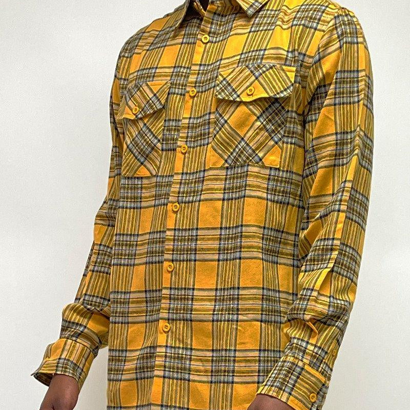 Men's Shirts - Flannels Mens Gold Yellow Plaid Flannel Long Sleeve Shirt