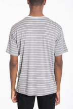 Mens gray cotton pullover shirt with horizontal stripes, perfect for casual outings