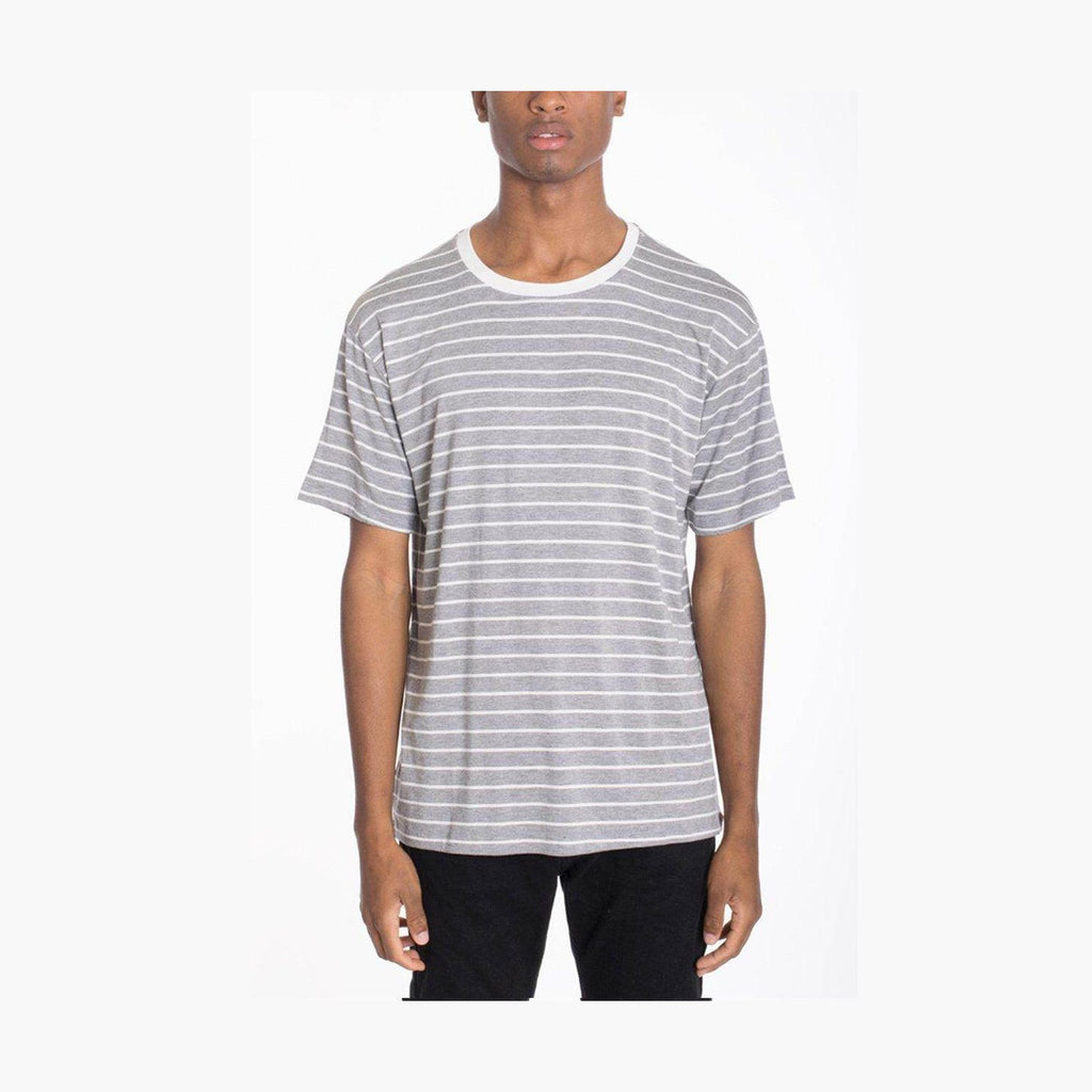 Mens gray cotton pullover shirt with horizontal stripes for a casual style