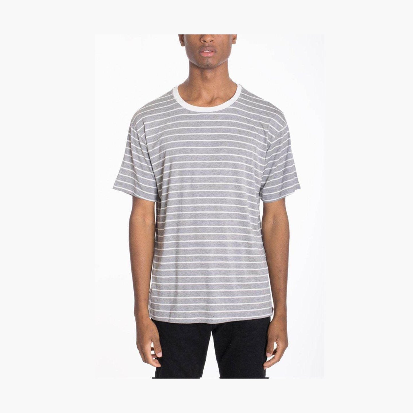 Mens gray cotton pullover shirt with horizontal stripes for a casual style