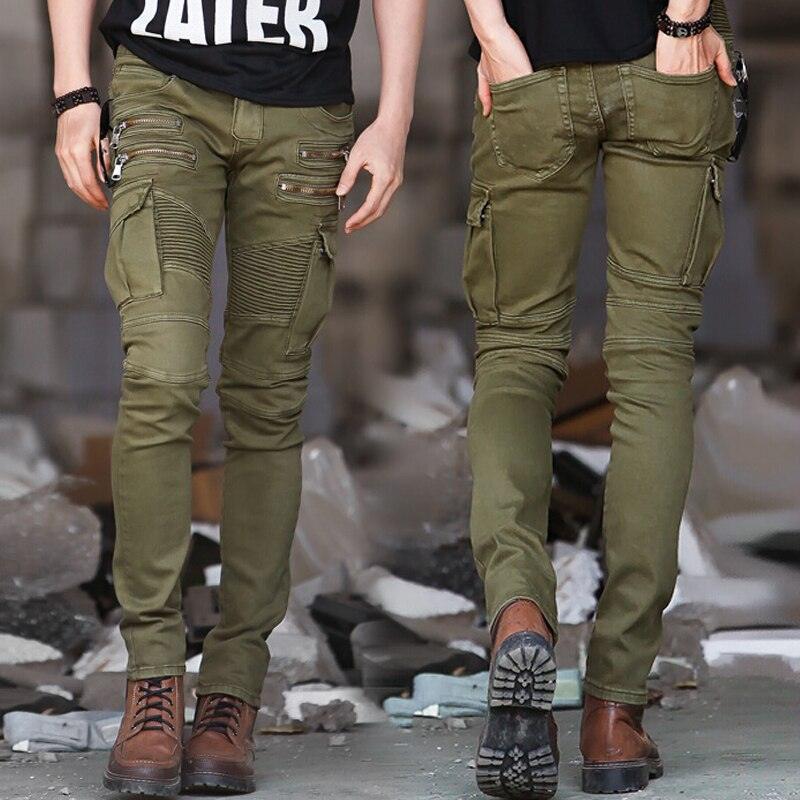 Men's Pants - Jeans Mens Green Or Black Denim Skinny Jeans Slim Stretch Cargo Pants