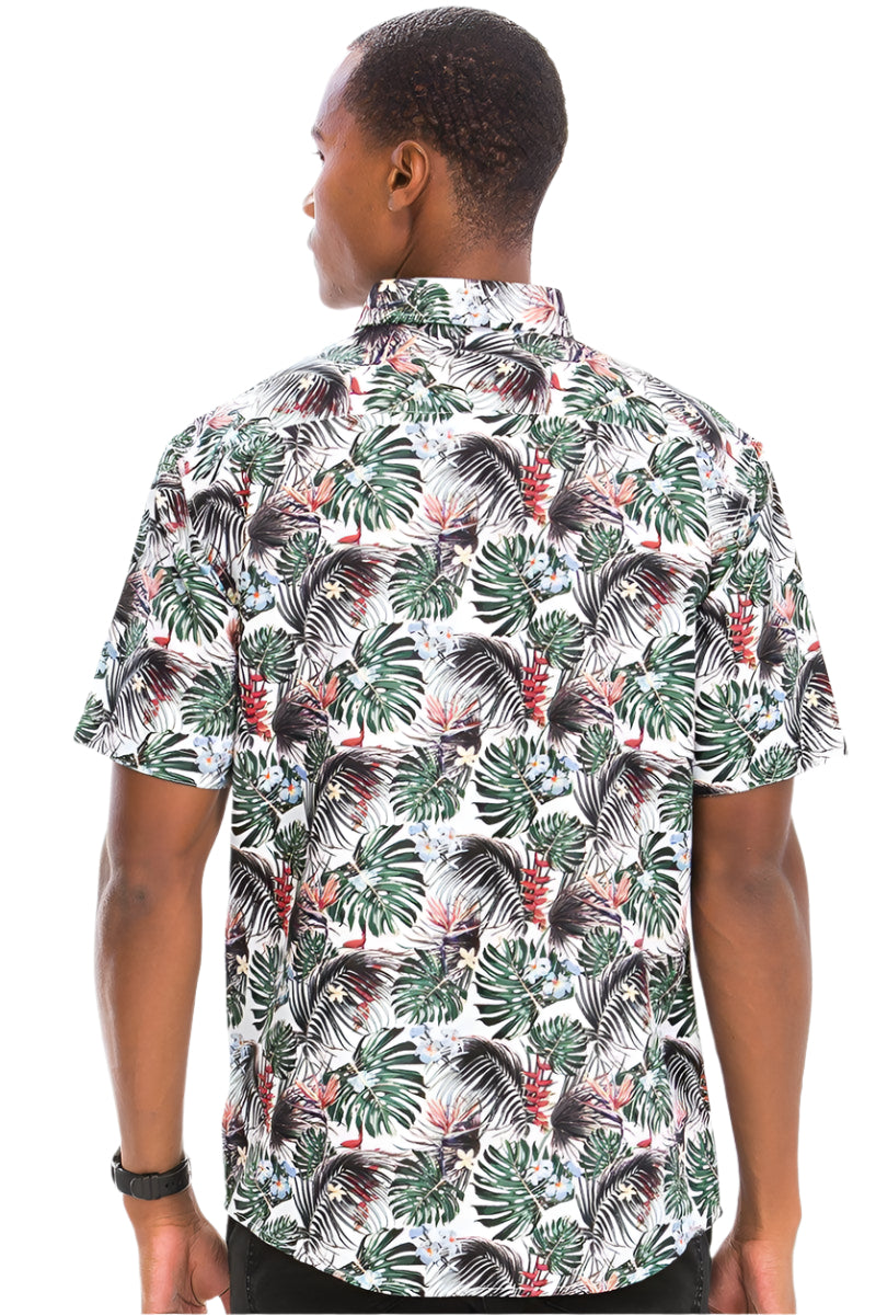 Men's Green Palm Shirt featuring a vibrant tropical pattern with palm leaves and floral accents