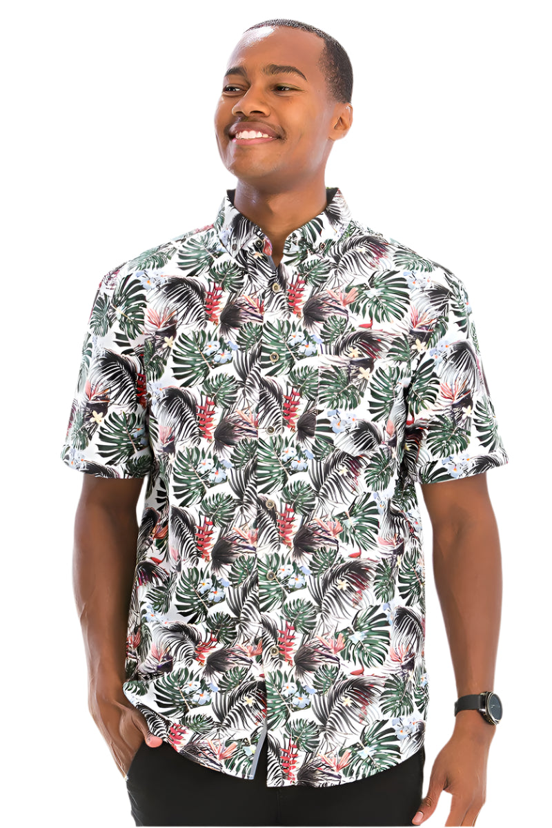 Mens Green Palm Shirt featuring vibrant tropical leaf patterns for casual summer wear