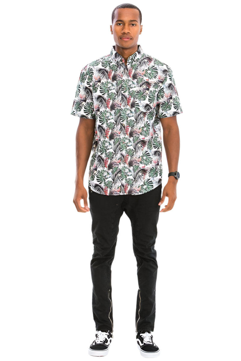 Men's Green Palm Shirt by VacationGrabs featuring a tropical leaf pattern for stylish summer outfits