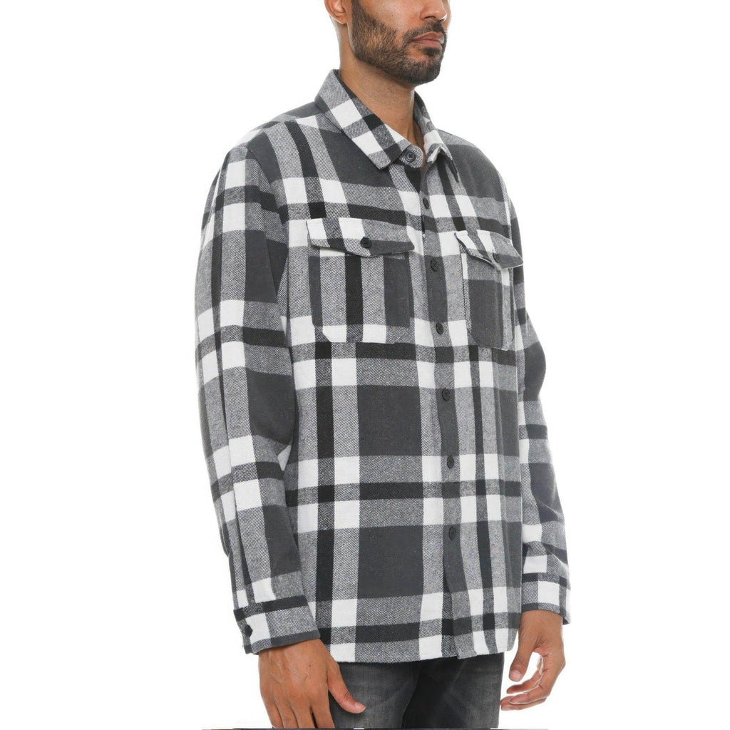 Mens grey checkered outerwear featuring a stylish plaid design with two chest pockets