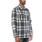 Mens grey checkered outerwear featuring a stylish plaid design with two chest pockets