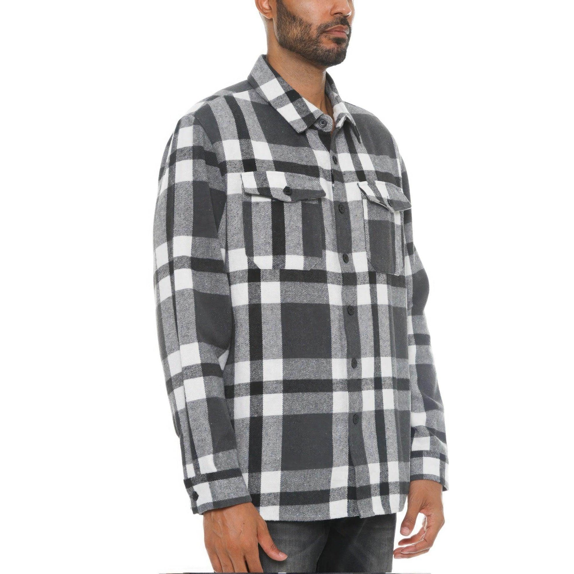 Mens grey checkered outerwear featuring a stylish plaid design with two chest pockets