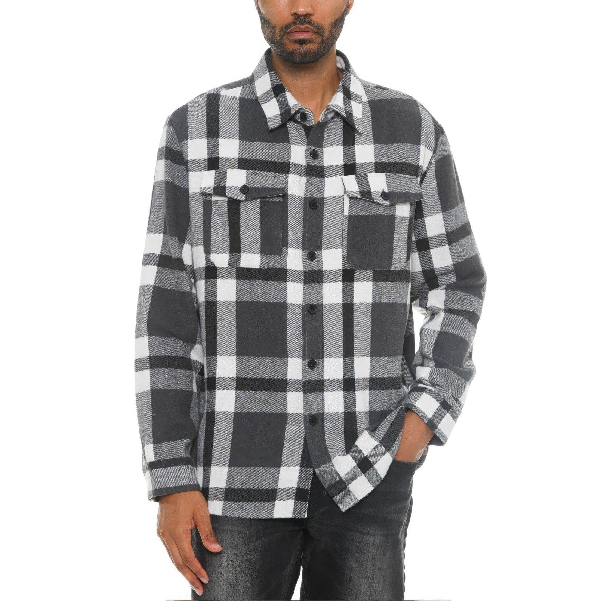 VacationGrabs mens grey checkered outerwear with button front and two chest pockets for casual style