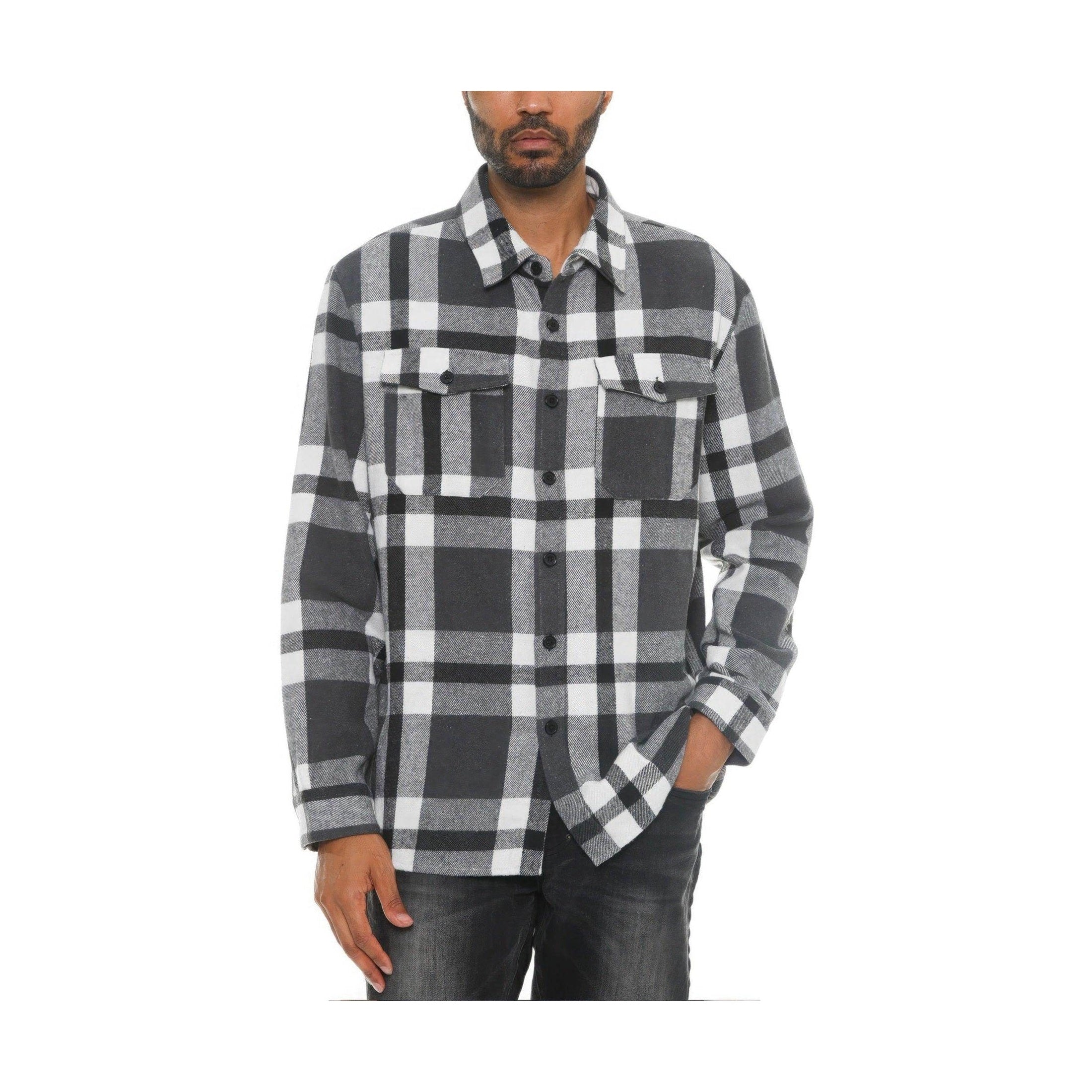 VacationGrabs mens grey checkered outerwear with button front and two chest pockets for casual style