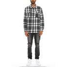 Men's Grey Checkered Outerwear Flannel Shirt with Button Front and Chest Pockets
