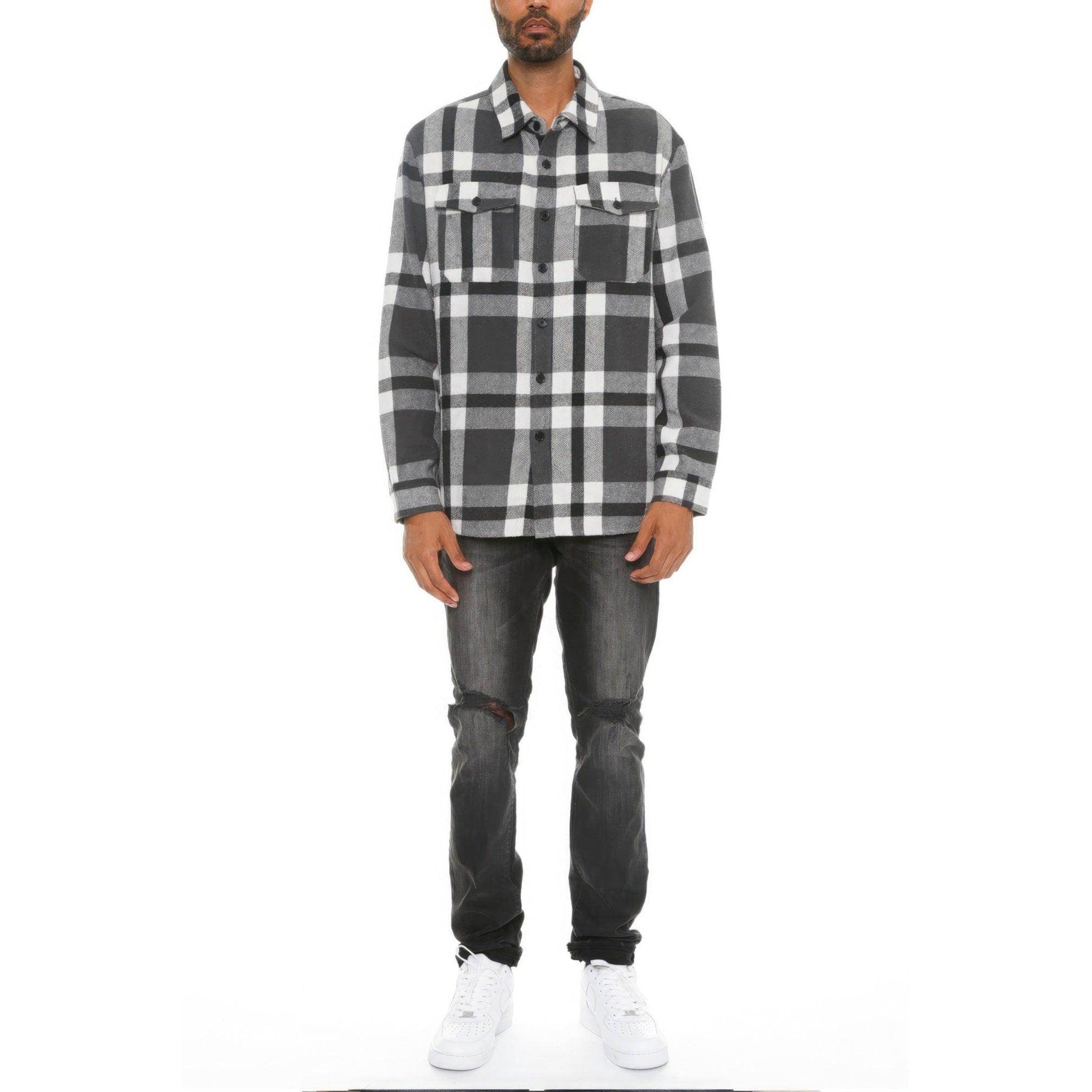 Men's Grey Checkered Outerwear Flannel Shirt with Button Front and Chest Pockets