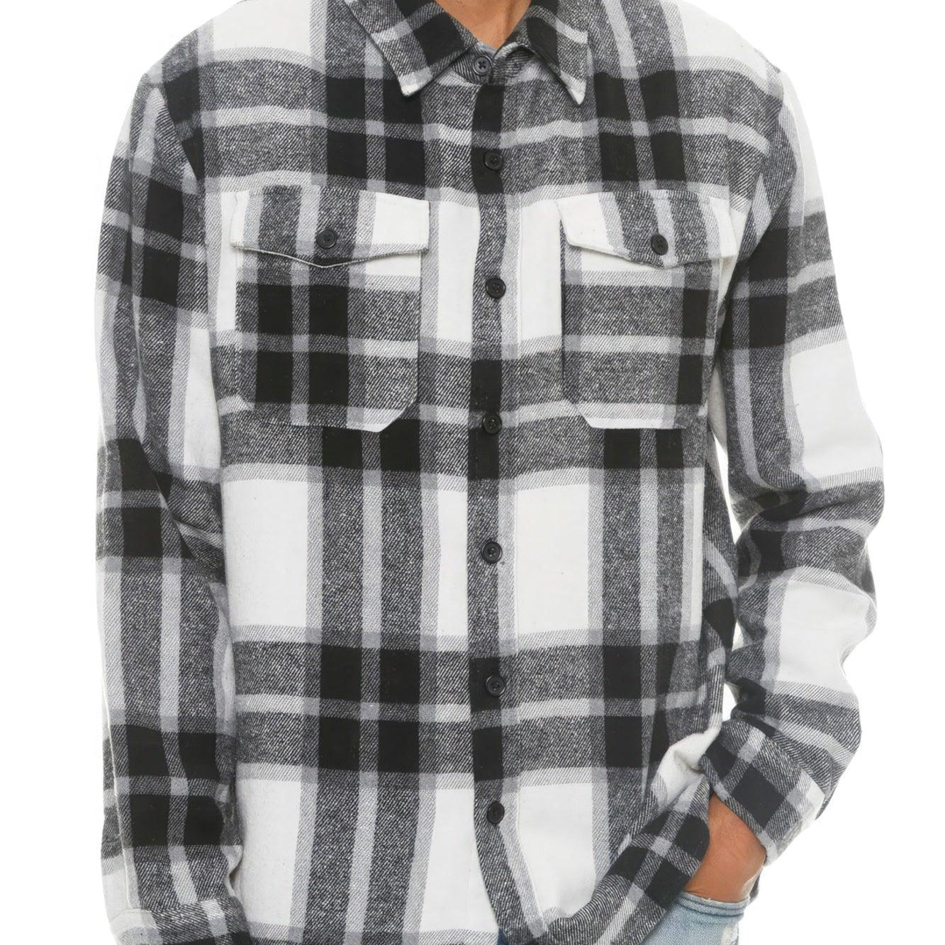 Men's Shirts - Flannels Mens Grey/Black Plaid Checkered Soft Flannel Shacket