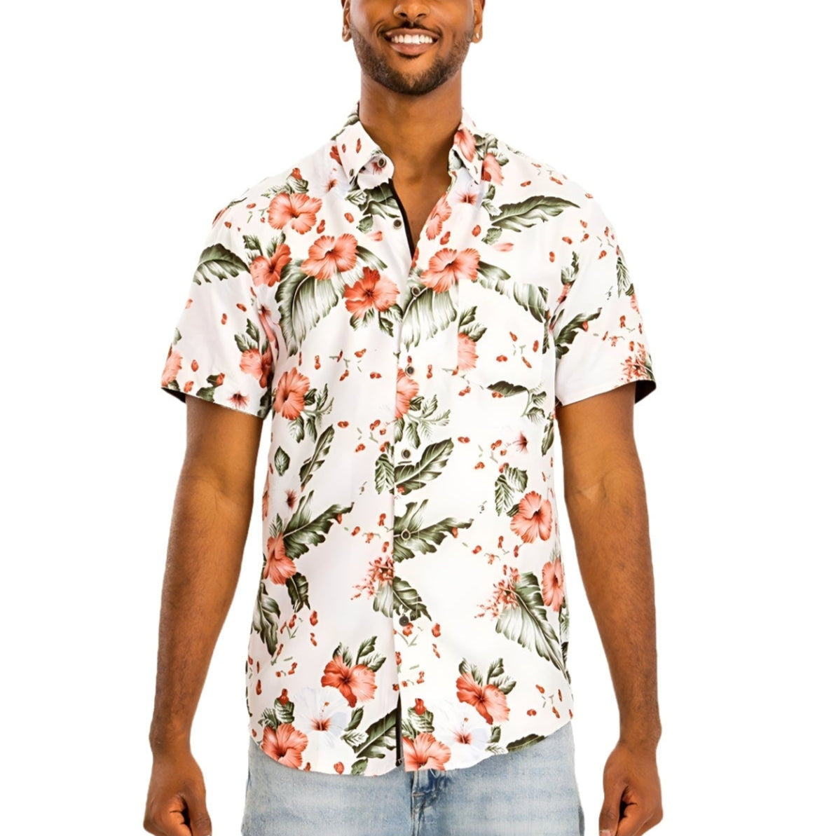 Men's Hawaiian shirt green multi with floral pattern, perfect for summer beach outings