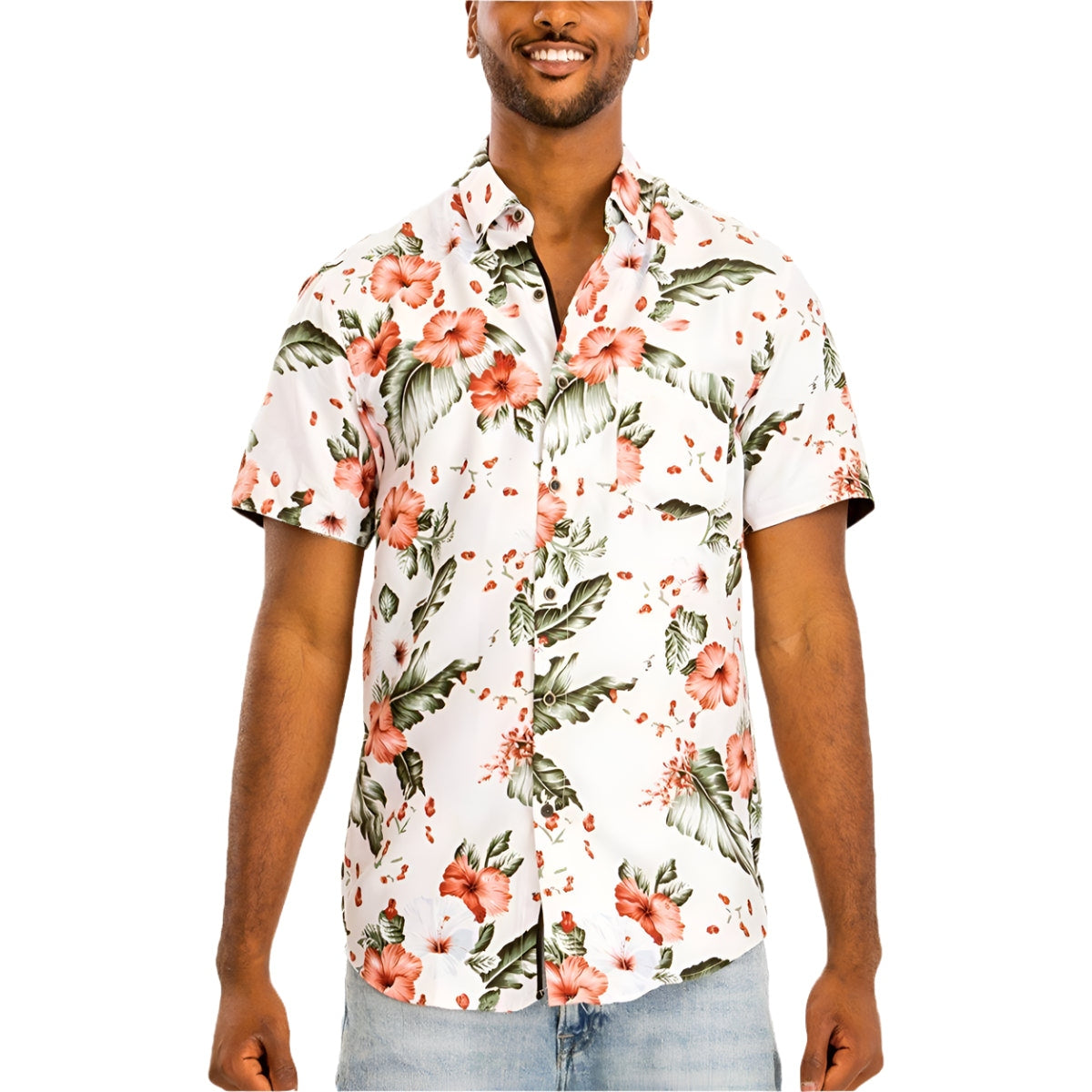Men's Hawaiian shirt green multi with floral pattern, perfect for summer beach outings