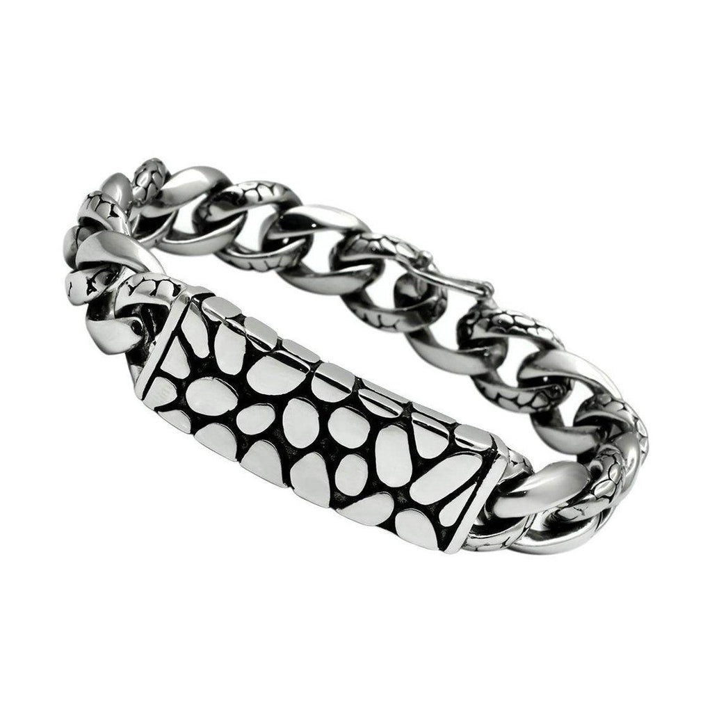 Men's high polished bracelet featuring a unique chain design with a textured centerpiece