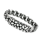 Men's high polished bracelet featuring a unique chain design with a textured centerpiece