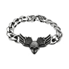 Men's high polished skull bracelet with wing design on a silver chain for edgy style