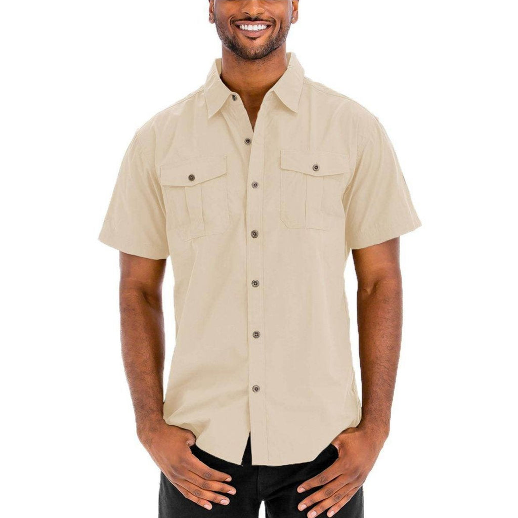 Mens Khaki Button Down Shirt from VacationGrabs with Short Sleeves and Chest Pockets