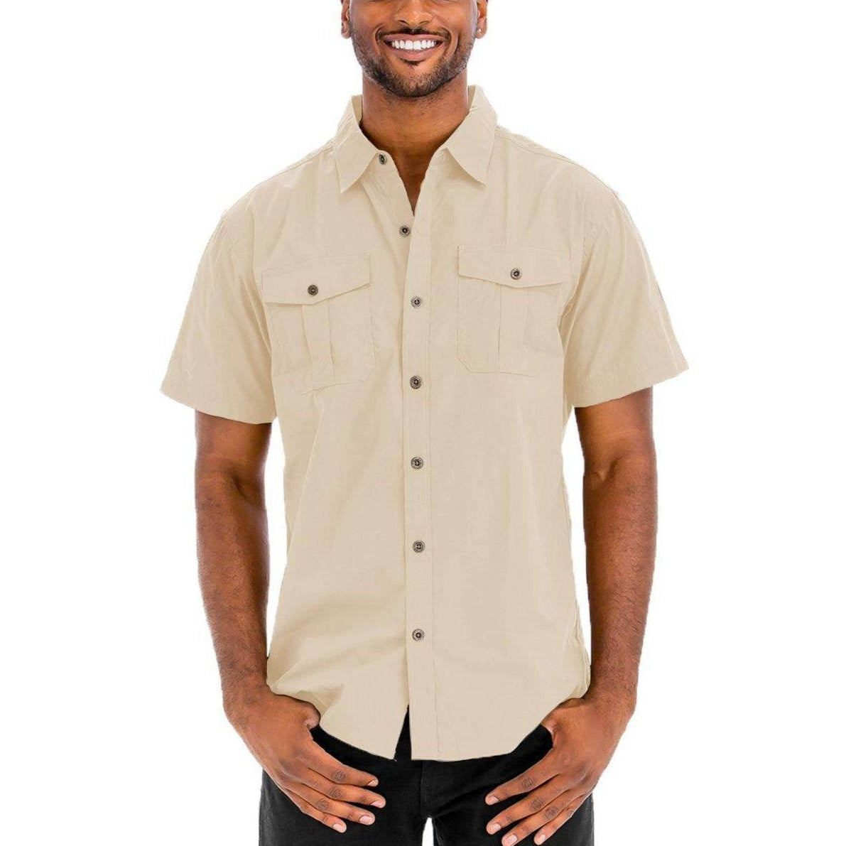 Mens Khaki Button Down Shirt from VacationGrabs with Short Sleeves and Chest Pockets