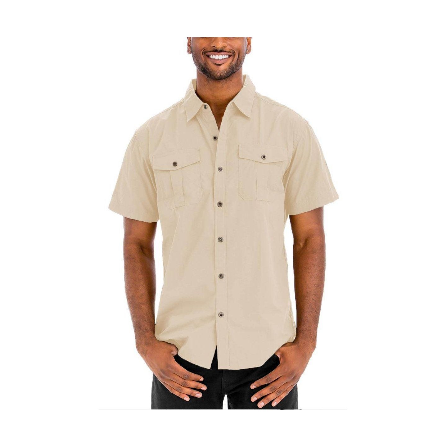 Mens Khaki Button Down Shirt from VacationGrabs with Short Sleeves and Chest Pockets