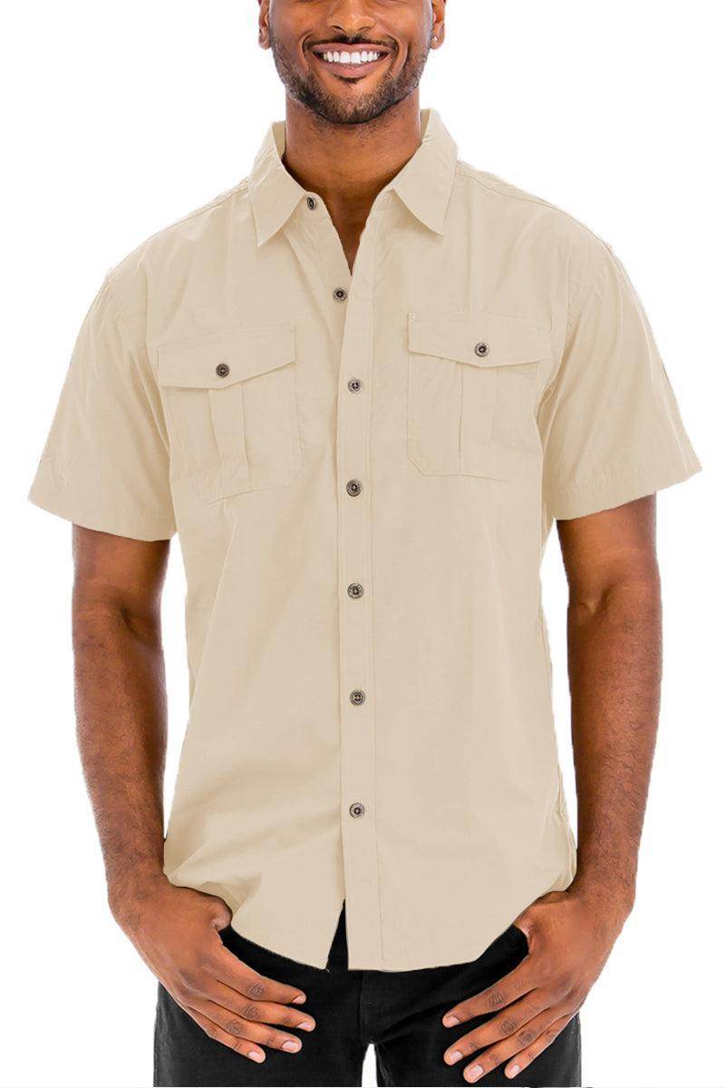 Mens Khaki Button Down Shirt from VacationGrabs with Short Sleeves and Chest Pockets
