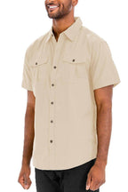VacationGrabs mens khaki button down shirt with short sleeves and front pockets for a casual look