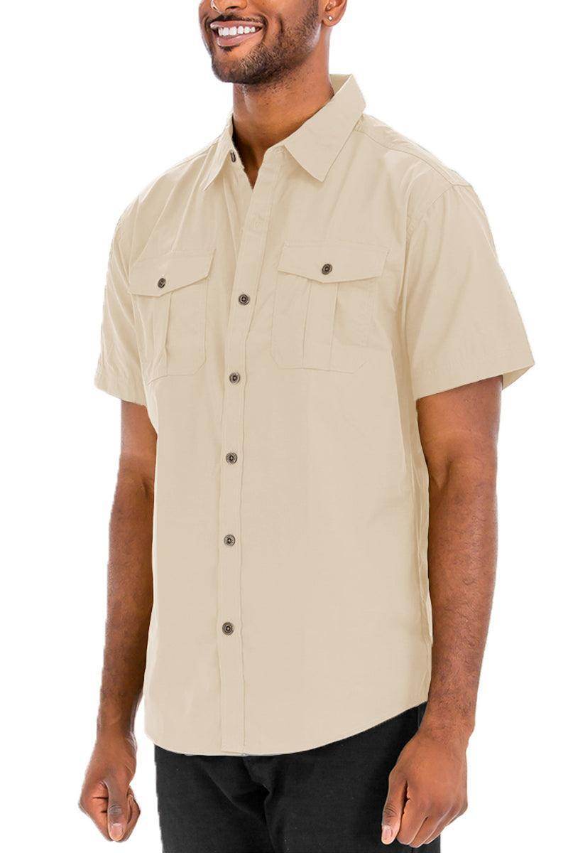 VacationGrabs mens khaki button down shirt with short sleeves and front pockets for a casual look