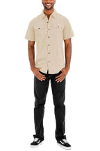 Mens Khaki Button Down Shirt from VacationGrabs with Short Sleeves and Front Pockets