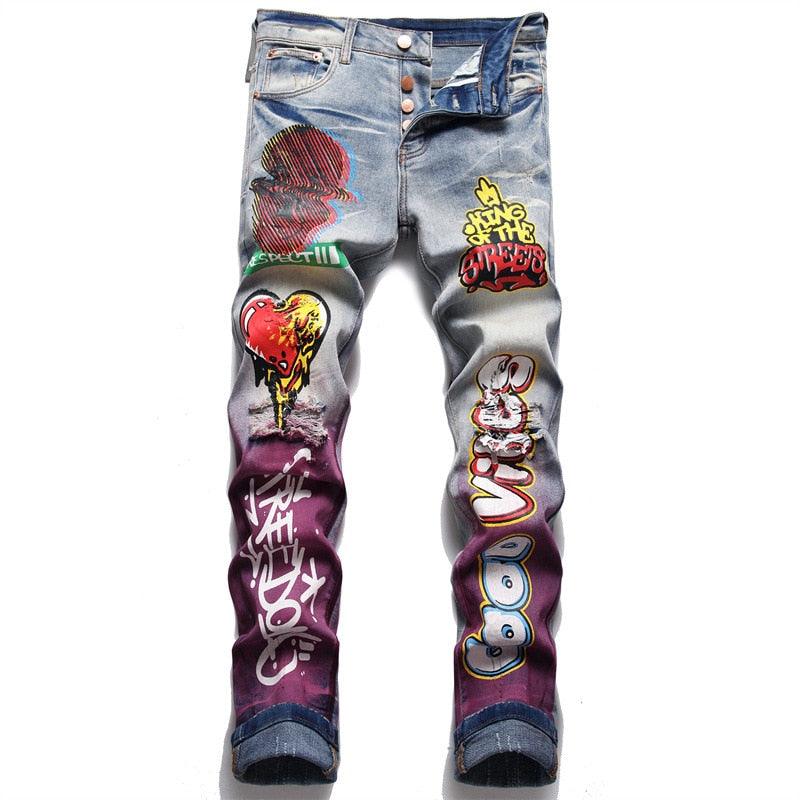 Men's Pants - Jeans Mens King Of The Streets Graffiti Jeans Painted Stretch Pants...