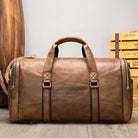 Mens large travel duffel from VacationGrabs in sturdy brown leather with ample storage capacity