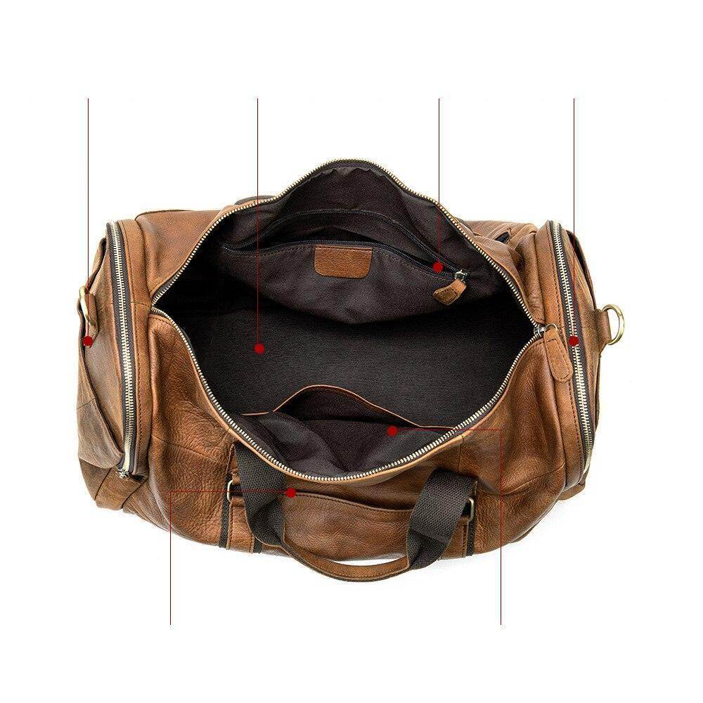 Mens large travel duffel in brown leather with spacious interior and multiple compartments