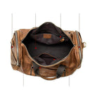Mens large travel duffel in brown leather with spacious interior and multiple compartments