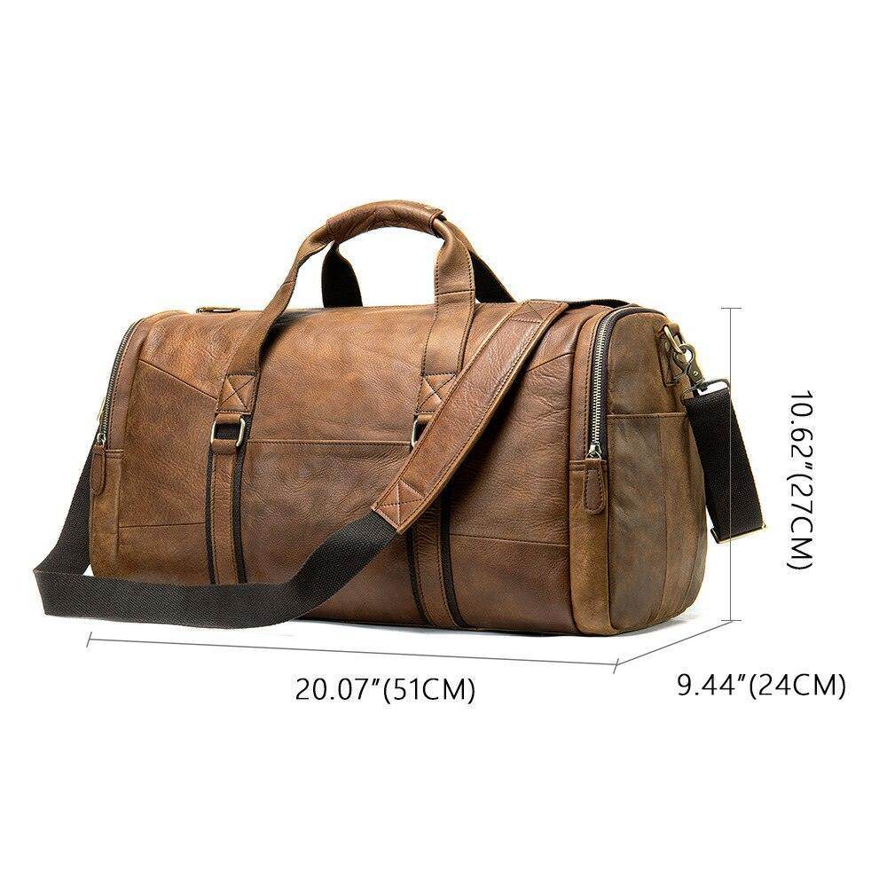Mens large travel duffel by VacationGrabs in durable brown leather with ample storage and adjustable strap