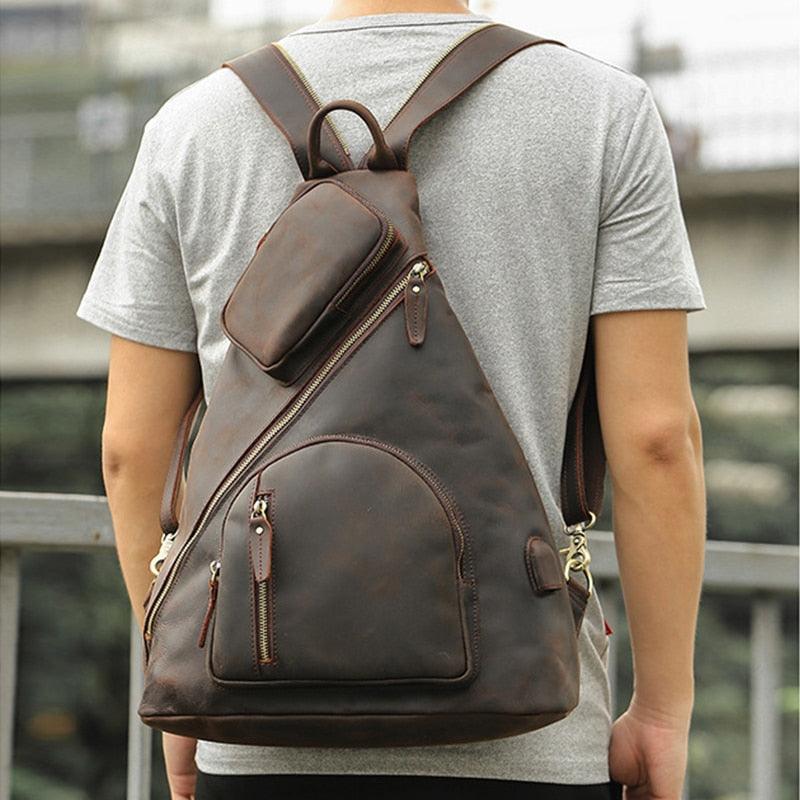Luggage & Bags - Backpacks Mens Leather Backpack Shoulder Sling Bag Chest Pack Usb...
