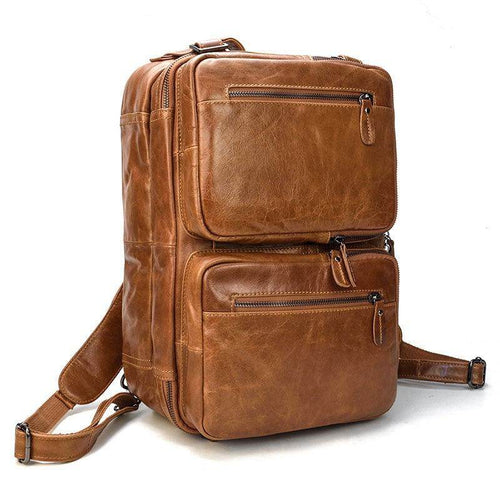 VacationGrabs mens leather laptop backpack in brown with multiple compartments for organization